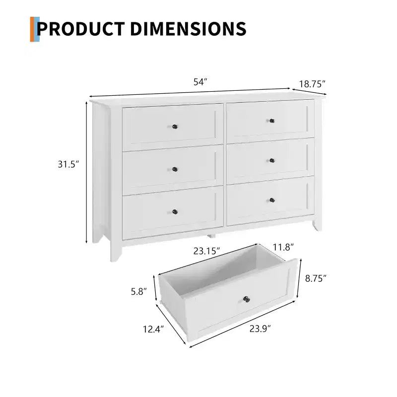 6 Drawer Dresser for Bedroom, 54W Wooden Chest of Drawers with Metal Knobs, Dresser TV Stand, Clothes Storage Organizer for Bedroom,Hallway, Black