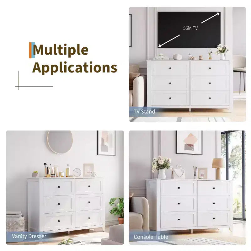 6 Drawer Dresser for Bedroom, 54W Wooden Chest of Drawers with Metal Knobs, Dresser TV Stand, Clothes Storage Organizer for Bedroom,Hallway, Black