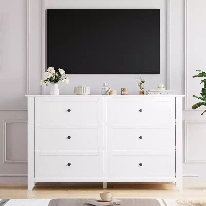 6 Drawer Dresser for Bedroom, 54W Wooden Chest of Drawers with Metal Knobs, Dresser TV Stand, Clothes Storage Organizer for Bedroom,Hallway, Black