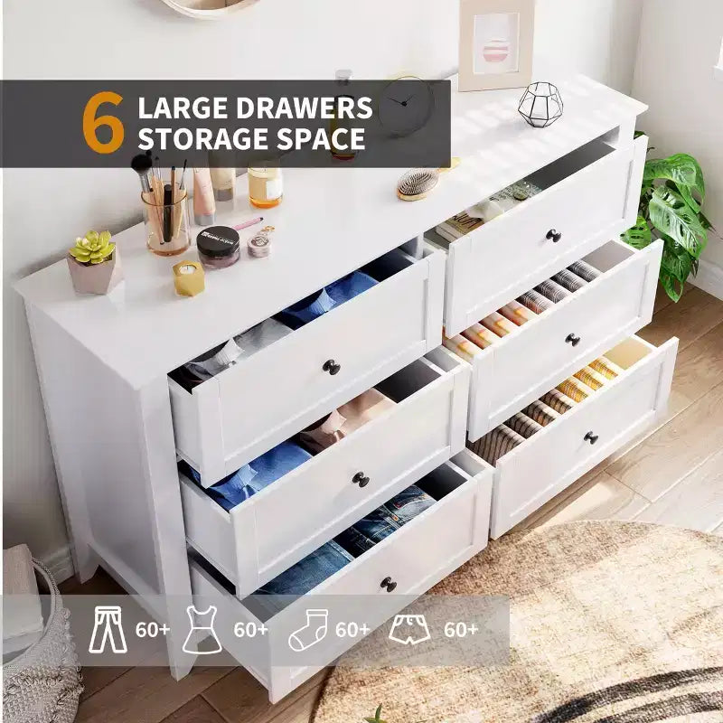 6 Drawer Dresser for Bedroom, 54W Wooden Chest of Drawers with Metal Knobs, Dresser TV Stand, Clothes Storage Organizer for Bedroom,Hallway, Black