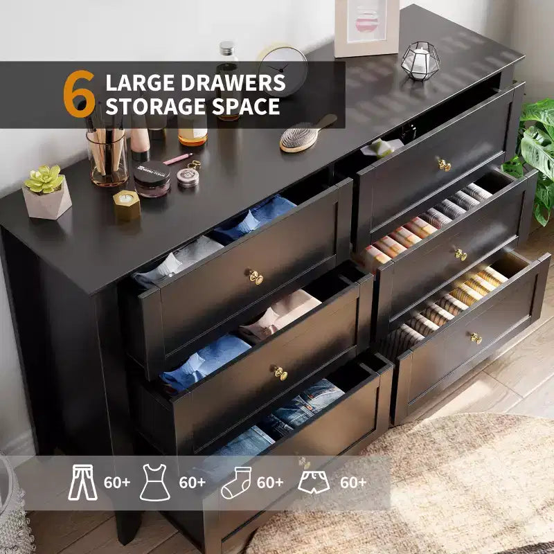 6 Drawer Dresser for Bedroom, 54W Wooden Chest of Drawers with Metal Knobs, Dresser TV Stand, Clothes Storage Organizer for Bedroom,Hallway, Black