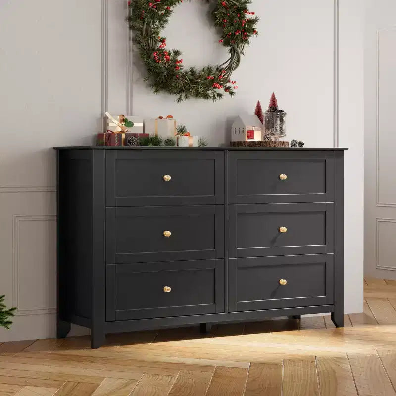 6 Drawer Dresser for Bedroom, 54W Wooden Chest of Drawers with Metal Knobs, Dresser TV Stand, Clothes Storage Organizer for Bedroom,Hallway, Black
