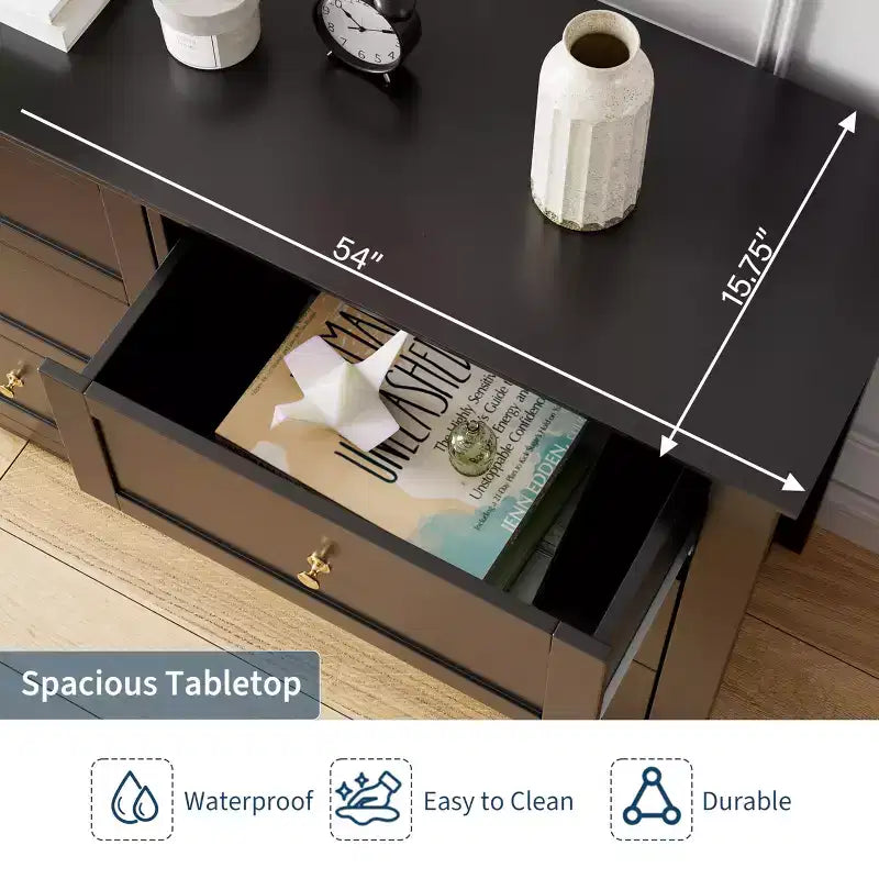 6 Drawer Dresser for Bedroom, 54W Wooden Chest of Drawers with Metal Knobs, Dresser TV Stand, Clothes Storage Organizer for Bedroom,Hallway, Black