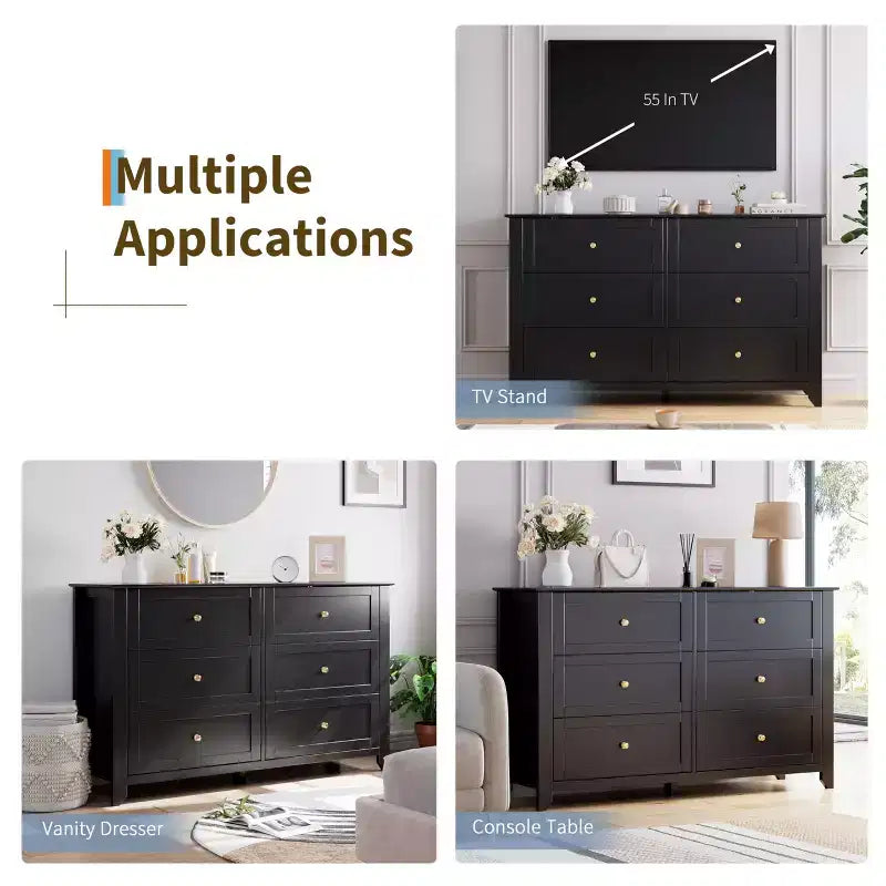 6 Drawer Dresser for Bedroom, 54W Wooden Chest of Drawers with Metal Knobs, Dresser TV Stand, Clothes Storage Organizer for Bedroom,Hallway, Black