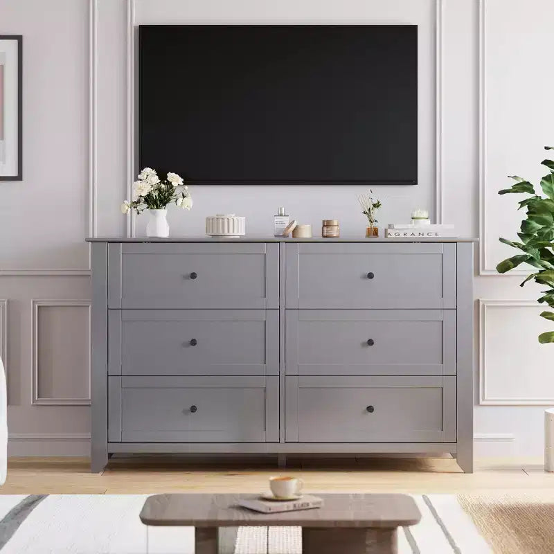 6 Drawer Dresser for Bedroom, 54W Wooden Chest of Drawers with Metal Knobs, Dresser TV Stand, Clothes Storage Organizer for Bedroom,Hallway, Black
