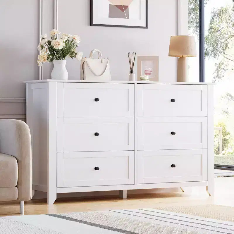 6 Drawer Dresser for Bedroom, 54W Wooden Chest of Drawers with Metal Knobs, Dresser TV Stand, Clothes Storage Organizer for Bedroom,Hallway, Black
