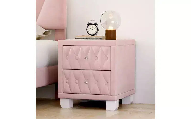 TUYOHW Velvet Button-Tufted Nightstand with Crystal Knobs, 2-Drawer Side Table for Bedroom Living Room, Storage Bedside Table