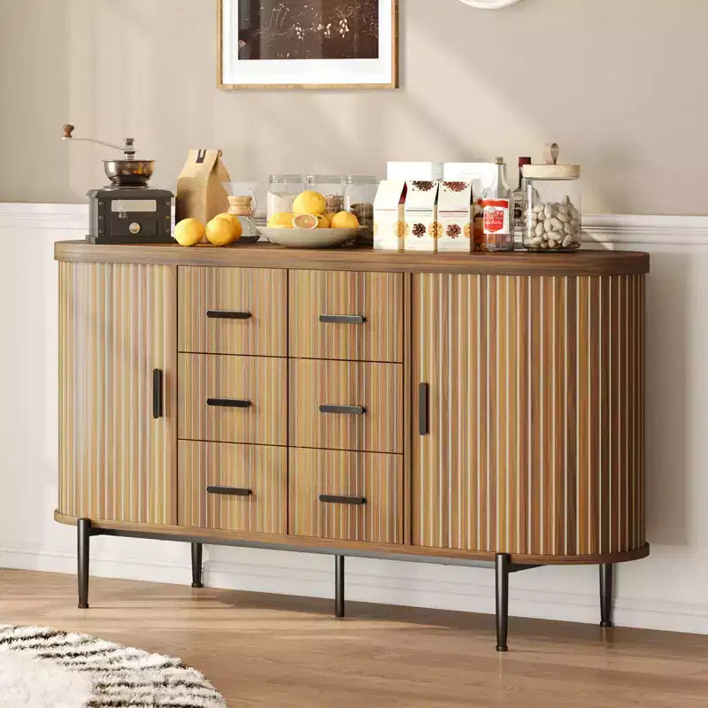 59in Sideboard Buffet Cabinet, Farmhouse Fluted Credenza Storage Cabinet Media TV Console Table with 6 Drawers 2 Sliding Doors for Living Room