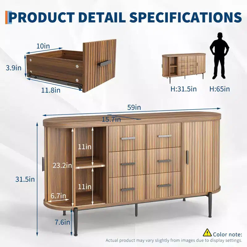59in Sideboard Buffet Cabinet, Farmhouse Fluted Credenza Storage Cabinet Media TV Console Table with 6 Drawers 2 Sliding Doors for Living Room