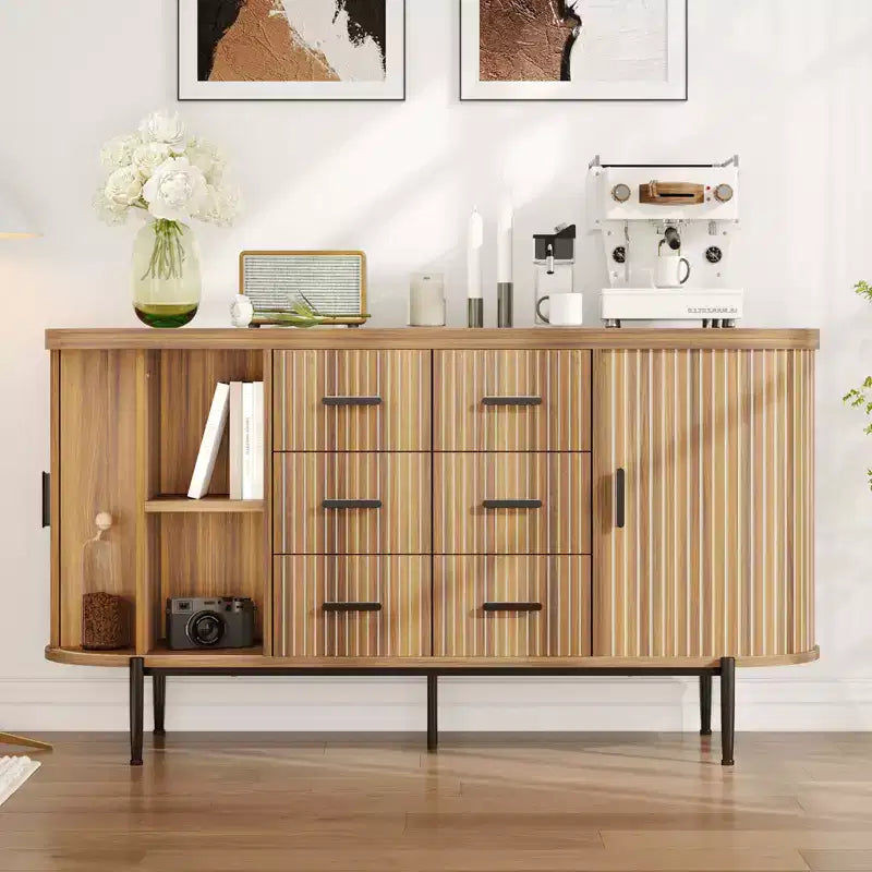 59in Sideboard Buffet Cabinet, Farmhouse Fluted Credenza Storage Cabinet Media TV Console Table with 6 Drawers 2 Sliding Doors for Living Room