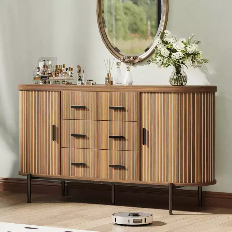 59in Sideboard Buffet Cabinet, Farmhouse Fluted Credenza Storage Cabinet Media TV Console Table with 6 Drawers 2 Sliding Doors for Living Room