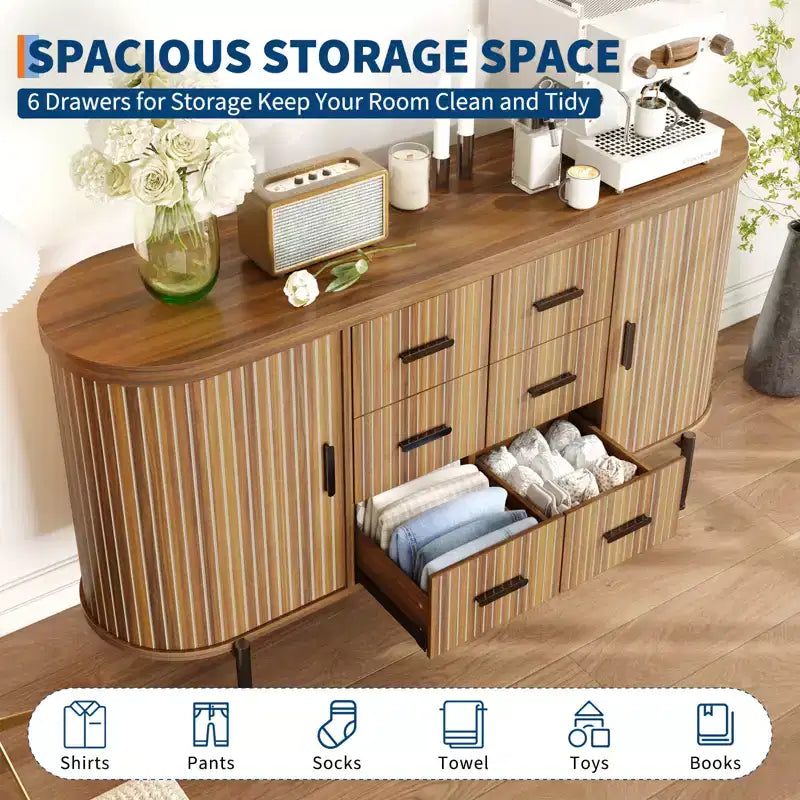 59in Sideboard Buffet Cabinet, Farmhouse Fluted Credenza Storage Cabinet Media TV Console Table with 6 Drawers 2 Sliding Doors for Living Room