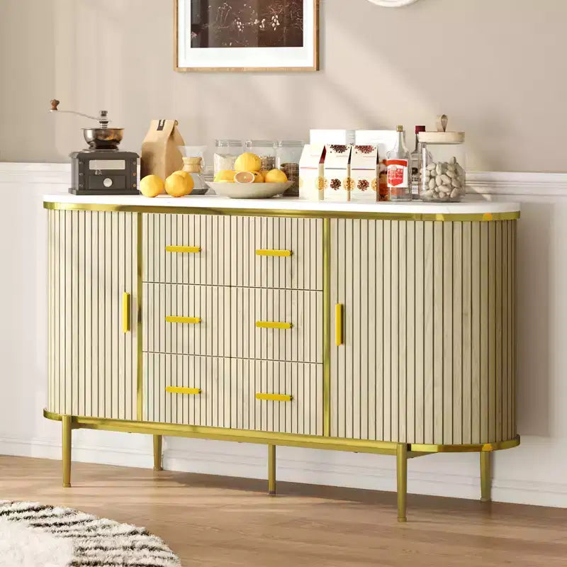 59in Sideboard Buffet Cabinet, Farmhouse Fluted Credenza Storage Cabinet Media TV Console Table with 6 Drawers 2 Sliding Doors for Living Room