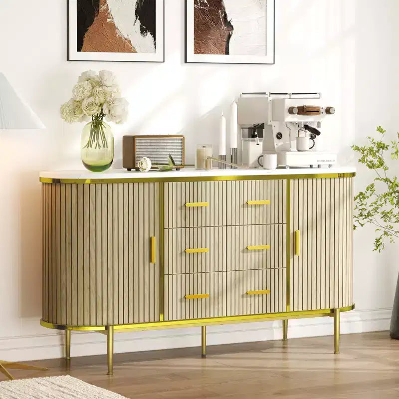 59in Sideboard Buffet Cabinet, Farmhouse Fluted Credenza Storage Cabinet Media TV Console Table with 6 Drawers 2 Sliding Doors for Living Room