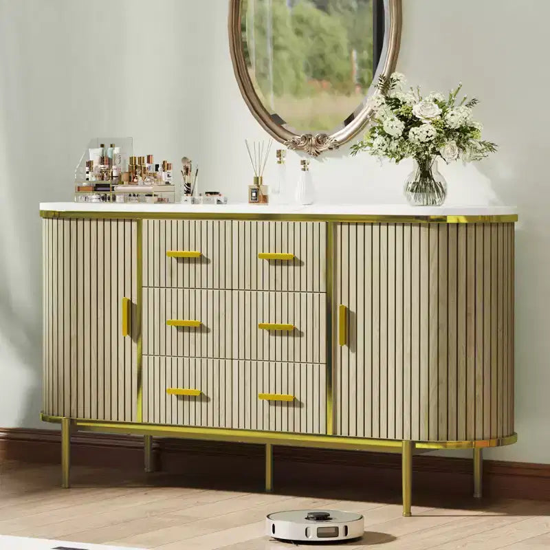 59in Sideboard Buffet Cabinet, Farmhouse Fluted Credenza Storage Cabinet Media TV Console Table with 6 Drawers 2 Sliding Doors for Living Room