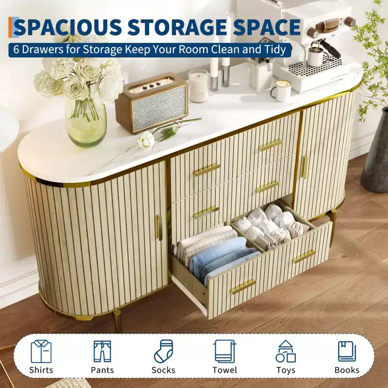 59in Sideboard Buffet Cabinet, Farmhouse Fluted Credenza Storage Cabinet Media TV Console Table with 6 Drawers 2 Sliding Doors for Living Room
