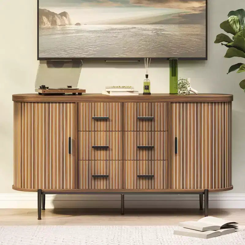 59in Sideboard Buffet Cabinet, Farmhouse Fluted Credenza Storage Cabinet Media TV Console Table with 6 Drawers 2 Sliding Doors for Living Room