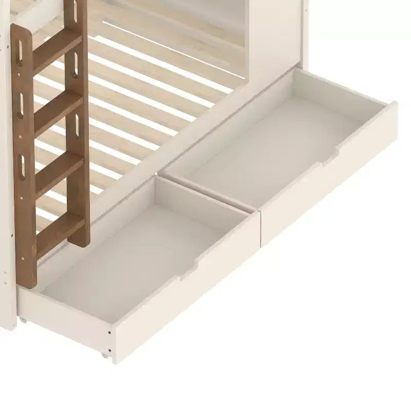 Queen Size Bunk Bed with Trundle/Drawers & Shelves, Solid Wood Bunk Bed Frame, No Box Spring Needed - ModernLuxe