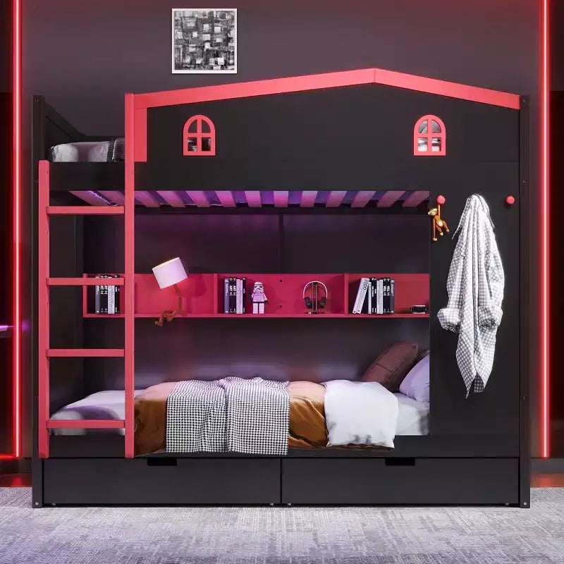 Queen Size Bunk Bed with Trundle/Drawers & Shelves, Solid Wood Bunk Bed Frame, No Box Spring Needed - ModernLuxe