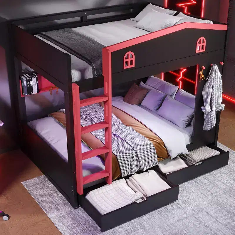 Queen Size Bunk Bed with Trundle/Drawers & Shelves, Solid Wood Bunk Bed Frame, No Box Spring Needed - ModernLuxe