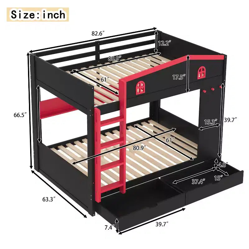 Queen Size Bunk Bed with Trundle/Drawers & Shelves, Solid Wood Bunk Bed Frame, No Box Spring Needed - ModernLuxe