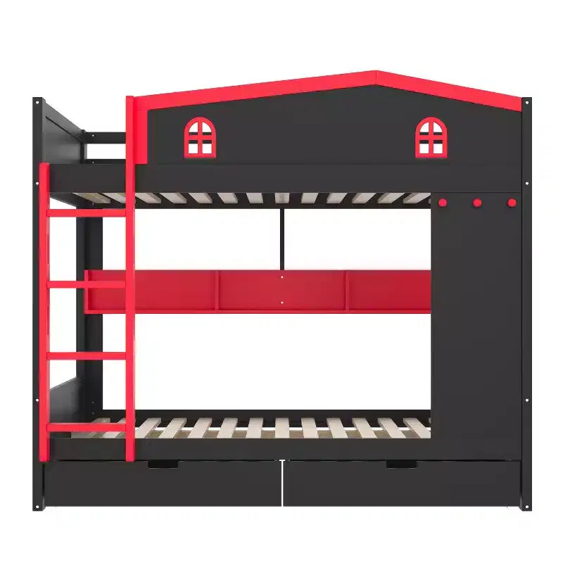 Queen Size Bunk Bed with Trundle/Drawers & Shelves, Solid Wood Bunk Bed Frame, No Box Spring Needed - ModernLuxe