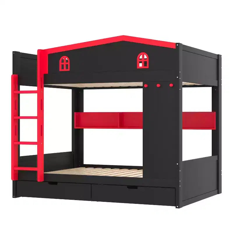 Queen Size Bunk Bed with Trundle/Drawers & Shelves, Solid Wood Bunk Bed Frame, No Box Spring Needed - ModernLuxe