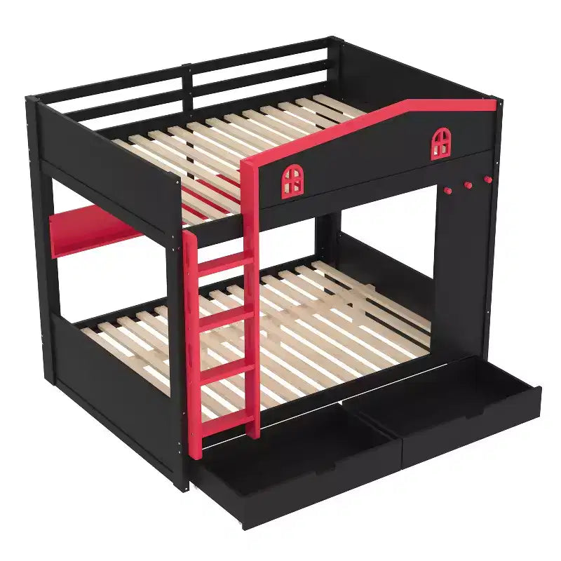 Queen Size Bunk Bed with Trundle/Drawers & Shelves, Solid Wood Bunk Bed Frame, No Box Spring Needed - ModernLuxe