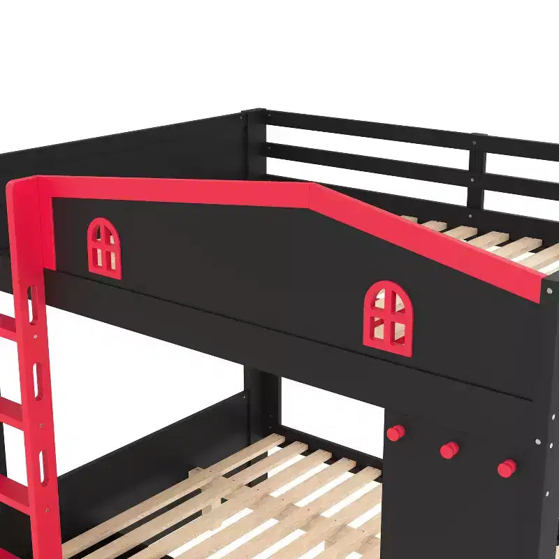 Queen Size Bunk Bed with Trundle/Drawers & Shelves, Solid Wood Bunk Bed Frame, No Box Spring Needed - ModernLuxe