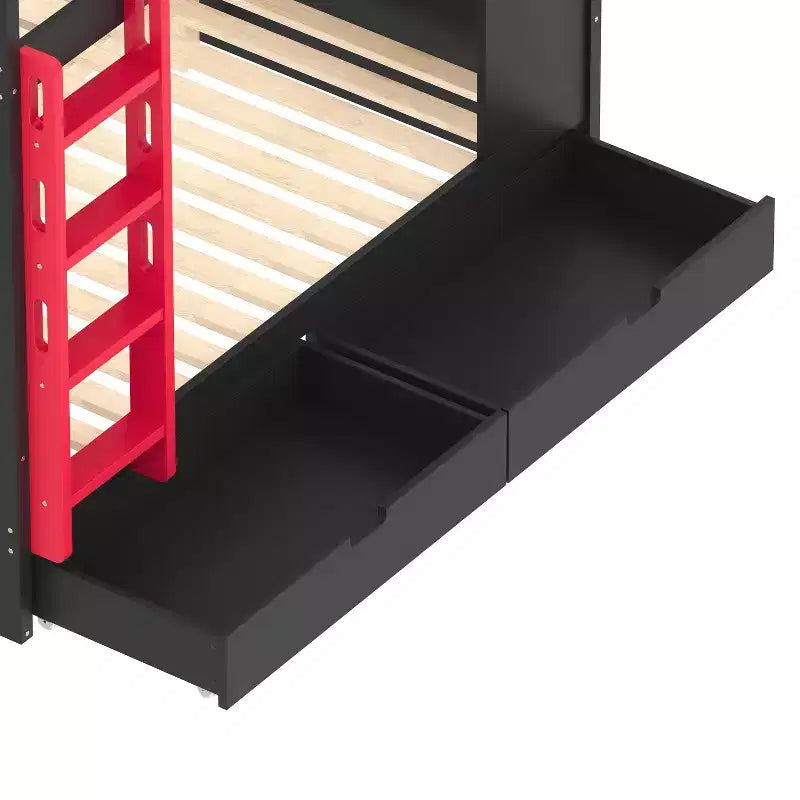 Queen Size Bunk Bed with Trundle/Drawers & Shelves, Solid Wood Bunk Bed Frame, No Box Spring Needed - ModernLuxe
