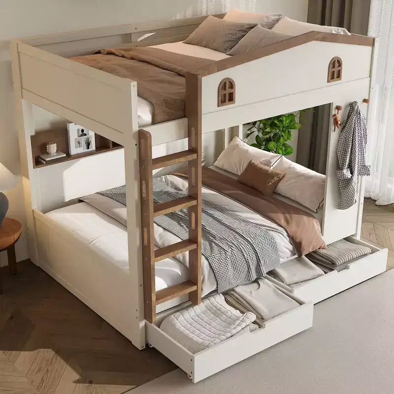 Queen Size Bunk Bed with Trundle/Drawers & Shelves, Solid Wood Bunk Bed Frame, No Box Spring Needed - ModernLuxe