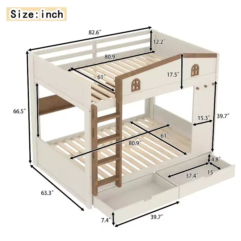 Queen Size Bunk Bed with Trundle/Drawers & Shelves, Solid Wood Bunk Bed Frame, No Box Spring Needed - ModernLuxe