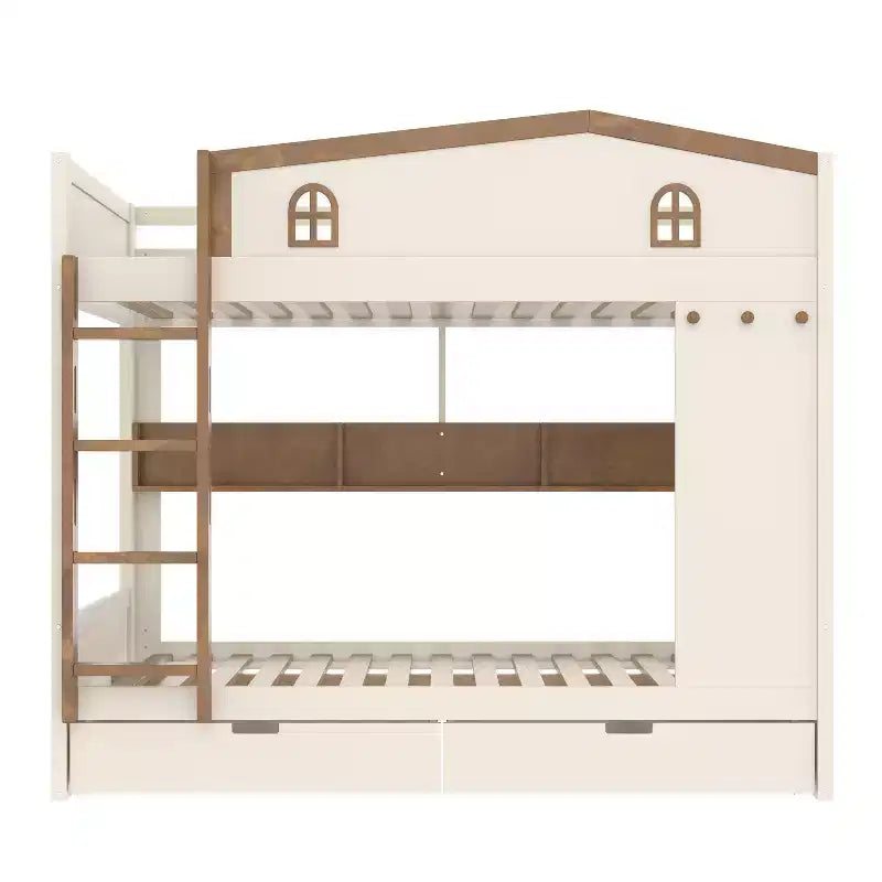 Queen Size Bunk Bed with Trundle/Drawers & Shelves, Solid Wood Bunk Bed Frame, No Box Spring Needed - ModernLuxe