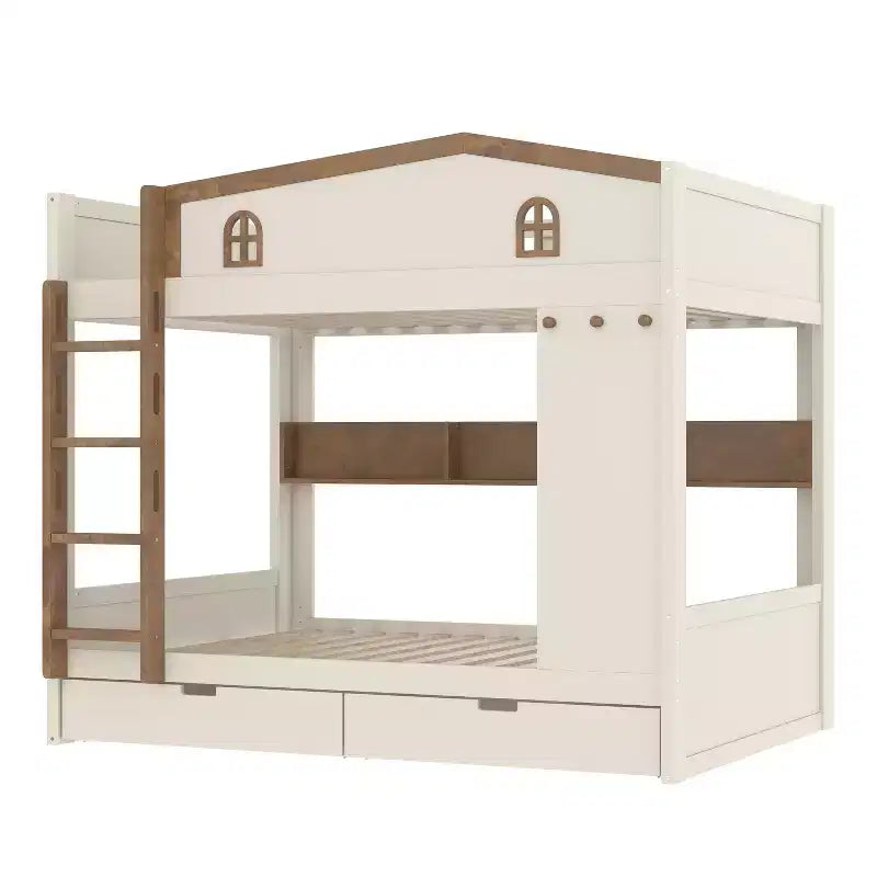 Queen Size Bunk Bed with Trundle/Drawers & Shelves, Solid Wood Bunk Bed Frame, No Box Spring Needed - ModernLuxe