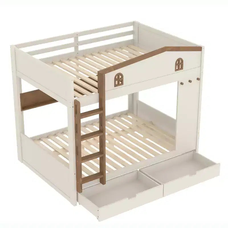 Queen Size Bunk Bed with Trundle/Drawers & Shelves, Solid Wood Bunk Bed Frame, No Box Spring Needed - ModernLuxe