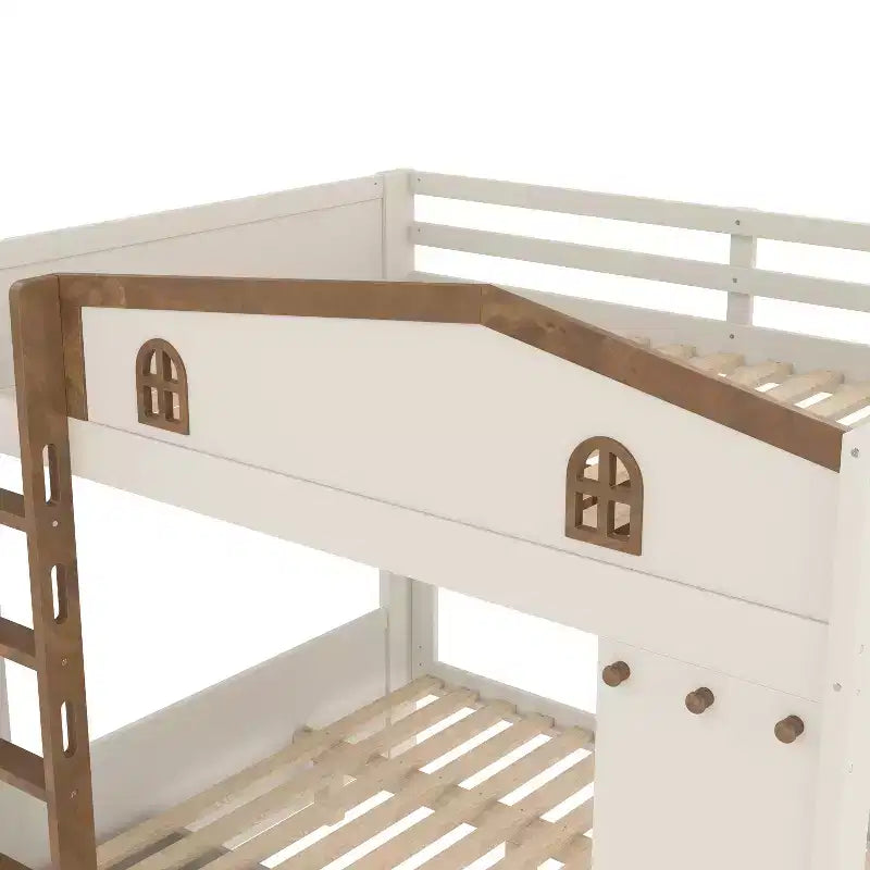 Queen Size Bunk Bed with Trundle/Drawers & Shelves, Solid Wood Bunk Bed Frame, No Box Spring Needed - ModernLuxe