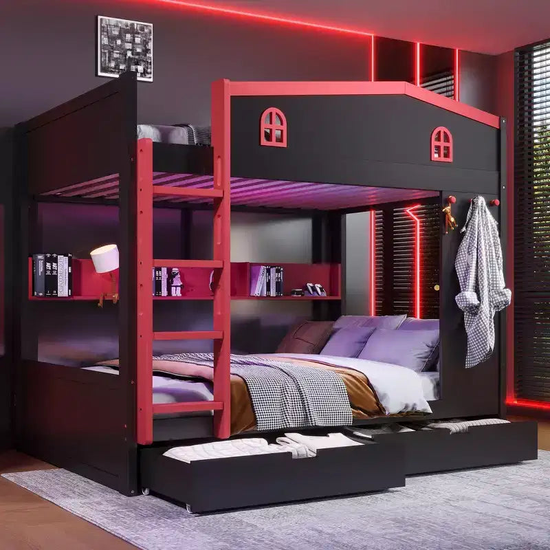 Queen Size Bunk Bed with Trundle/Drawers & Shelves, Solid Wood Bunk Bed Frame, No Box Spring Needed - ModernLuxe