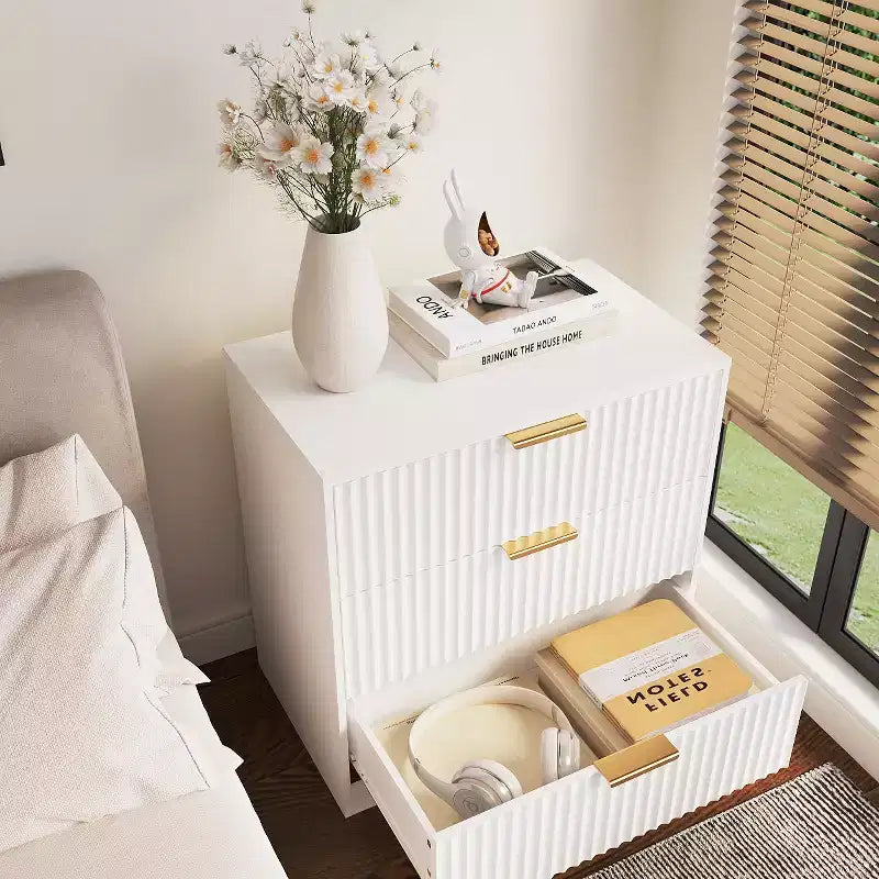 Modern White Wood Nightstand 3 Drawers Fluted Bedside Table Large 27 Inch Wide Storage Accent Cabinet Dresser For Bedroom Living Room Home Furniture