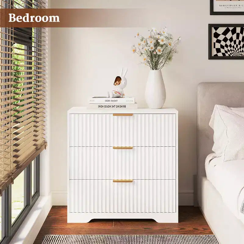 Modern White Wood Nightstand 3 Drawers Fluted Bedside Table Large 27 Inch Wide Storage Accent Cabinet Dresser For Bedroom Living Room Home Furniture