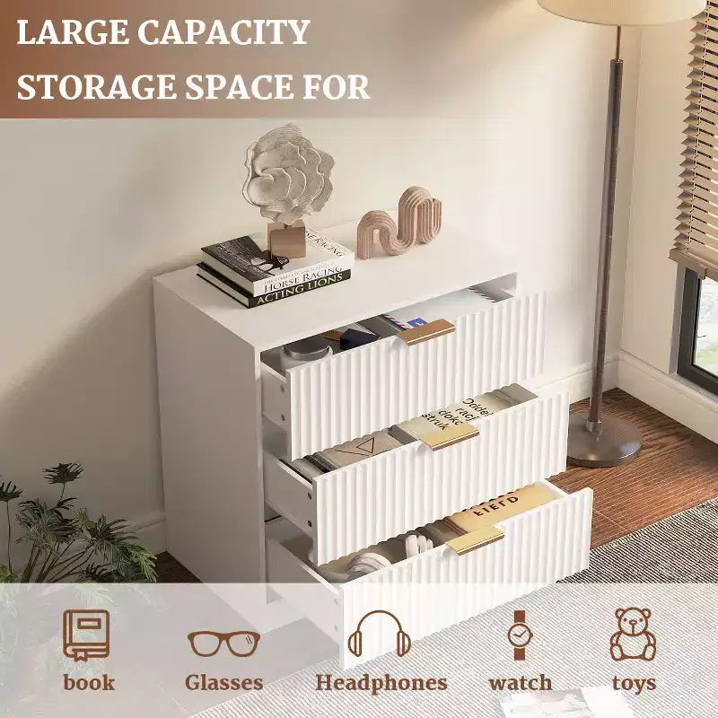 Modern White Wood Nightstand 3 Drawers Fluted Bedside Table Large 27 Inch Wide Storage Accent Cabinet Dresser For Bedroom Living Room Home Furniture