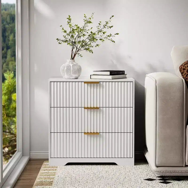 Modern White Wood Nightstand 3 Drawers Fluted Bedside Table Large 27 Inch Wide Storage Accent Cabinet Dresser For Bedroom Living Room Home Furniture
