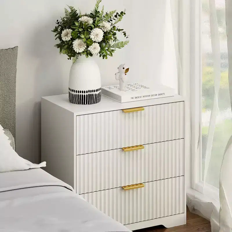 Modern White Wood Nightstand 3 Drawers Fluted Bedside Table Large 27 Inch Wide Storage Accent Cabinet Dresser For Bedroom Living Room Home Furniture
