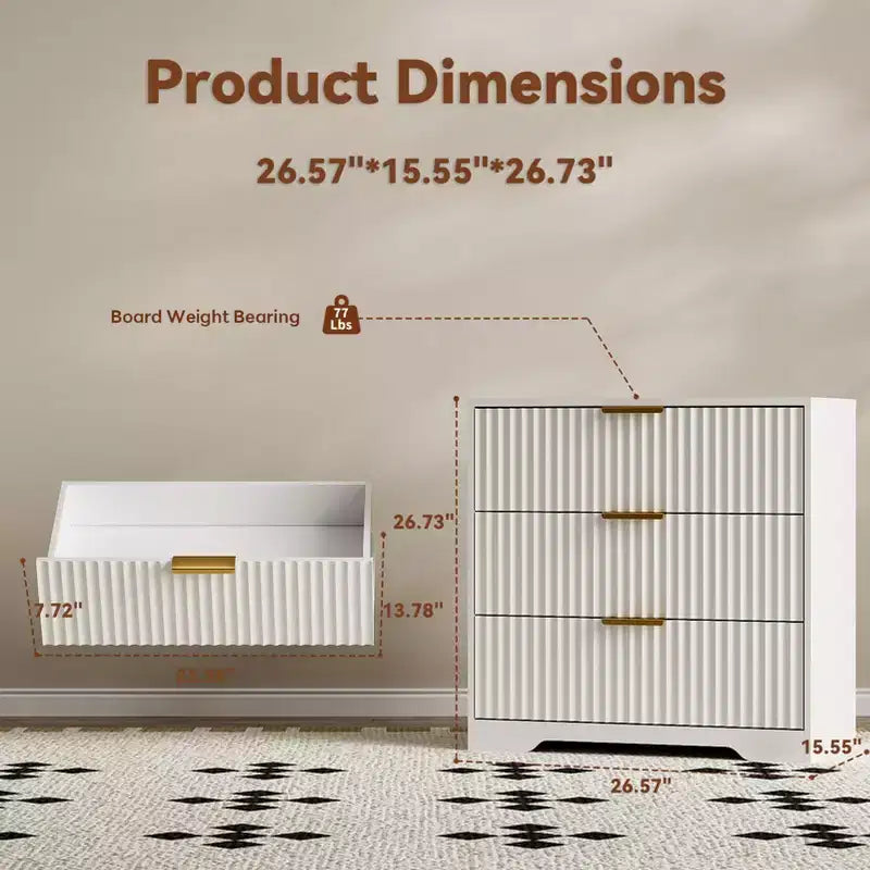 Modern White Wood Nightstand 3 Drawers Fluted Bedside Table Large 27 Inch Wide Storage Accent Cabinet Dresser For Bedroom Living Room Home Furniture