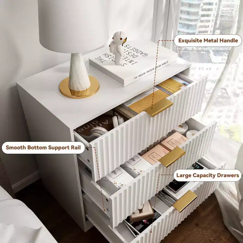 Modern White Wood Nightstand 3 Drawers Fluted Bedside Table Large 27 Inch Wide Storage Accent Cabinet Dresser For Bedroom Living Room Home Furniture