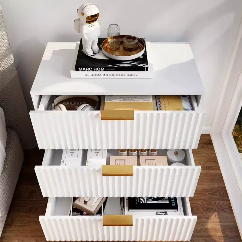 Modern White Wood Nightstand 3 Drawers Fluted Bedside Table Large 27 Inch Wide Storage Accent Cabinet Dresser For Bedroom Living Room Home Furniture