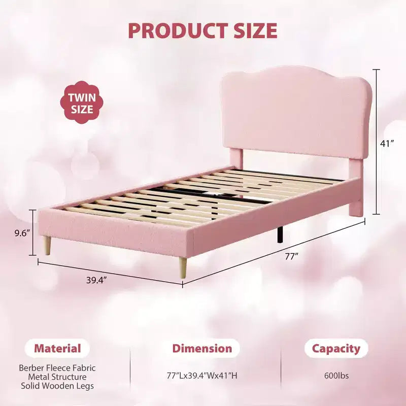 Upholstered Twin Bed Frame with Scalloped Headboard,Cute Velvet Platform Bed with Wooden Slats, No Box Spring Needed for Kids/Boys/Girls