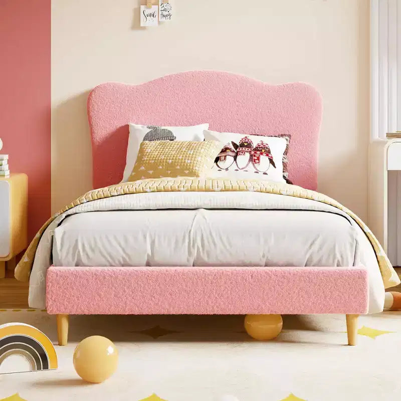 Upholstered Twin Bed Frame with Scalloped Headboard,Cute Velvet Platform Bed with Wooden Slats, No Box Spring Needed for Kids/Boys/Girls