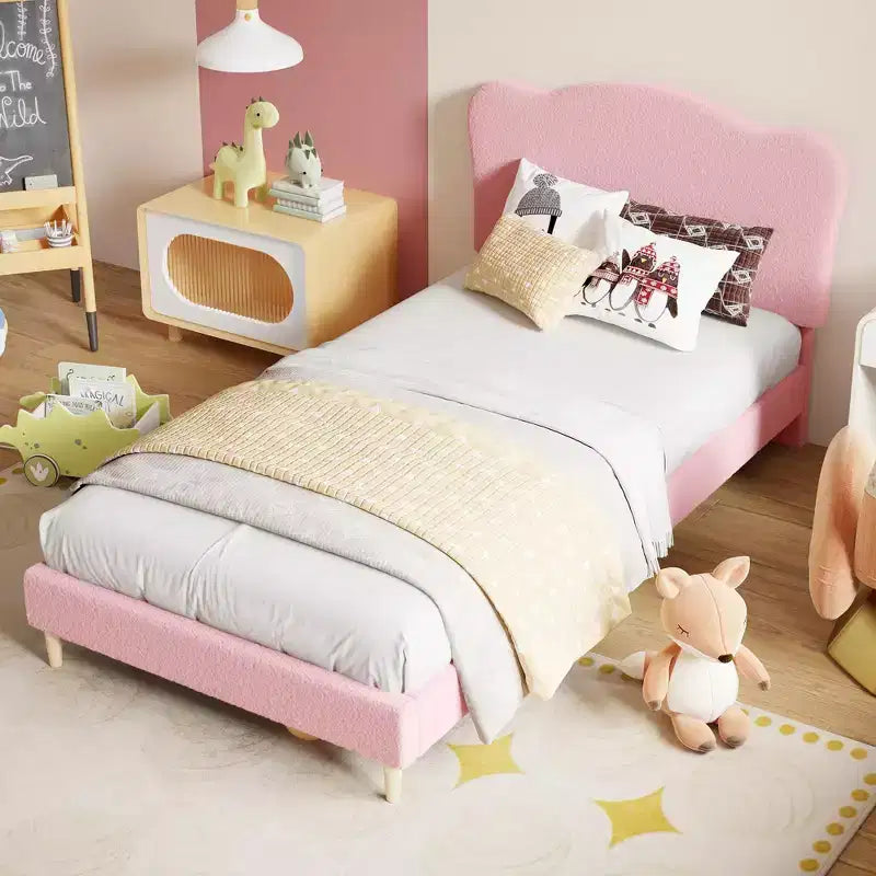 Upholstered Twin Bed Frame with Scalloped Headboard,Cute Velvet Platform Bed with Wooden Slats, No Box Spring Needed for Kids/Boys/Girls