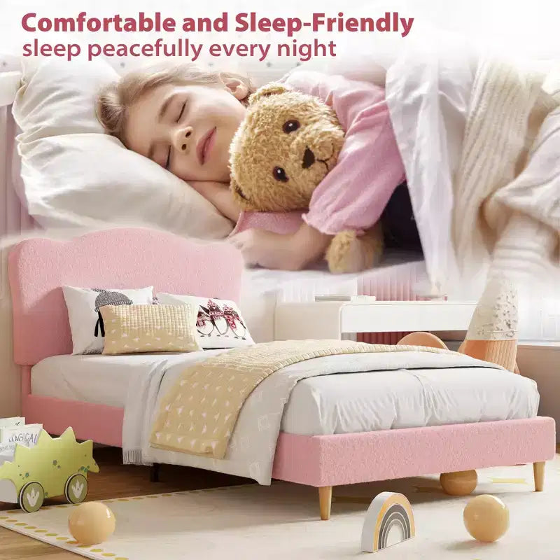 Upholstered Twin Bed Frame with Scalloped Headboard,Cute Velvet Platform Bed with Wooden Slats, No Box Spring Needed for Kids/Boys/Girls