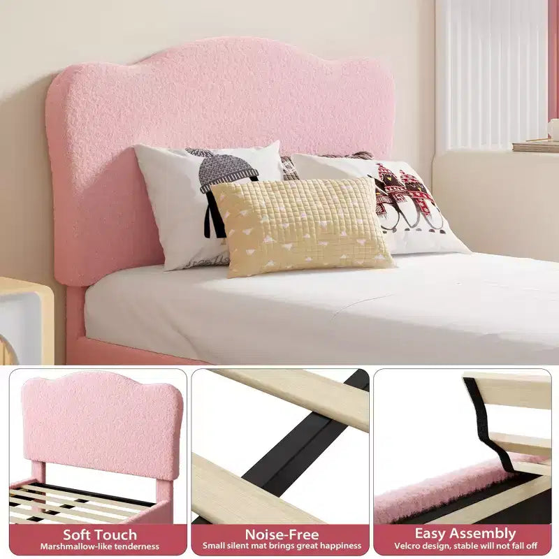 Upholstered Twin Bed Frame with Scalloped Headboard,Cute Velvet Platform Bed with Wooden Slats, No Box Spring Needed for Kids/Boys/Girls